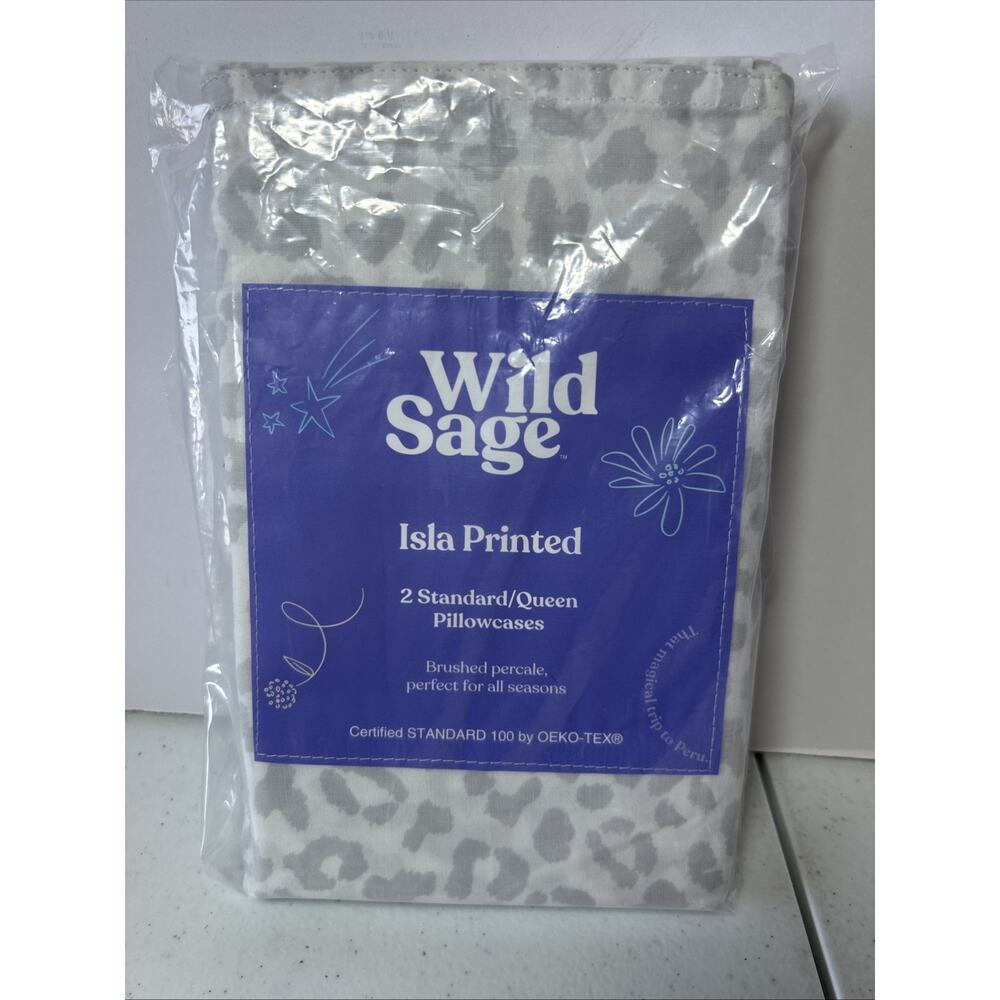 Wild Sage Isla Printed 2 Standard Queen Pillowcases 20" x 30" Grey Leopard